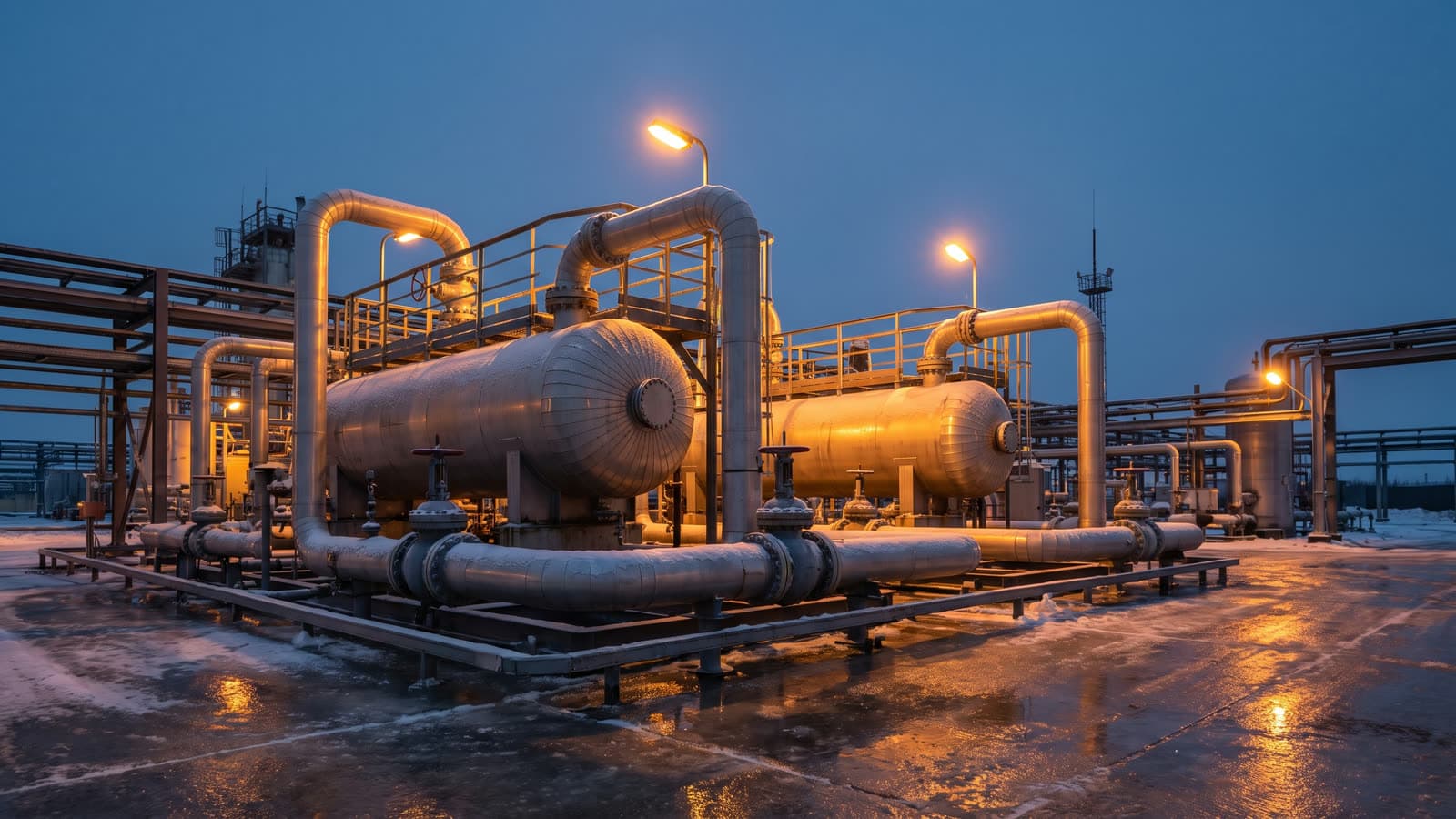 Установка подготовки газового конденсата в синих сумерках: сепараторы и трубы в свете прожекторов, снег на обвязке