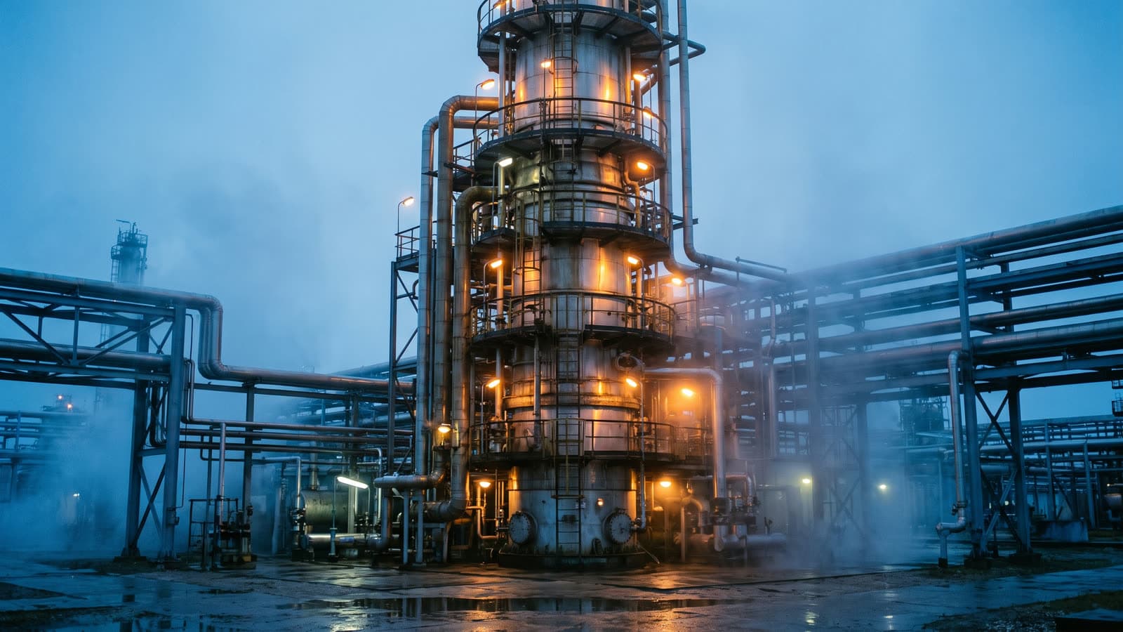 Ректификационная колонна нефтеперерабатывающего завода ночью в тёплых огнях, стальные трубопроводы в синем тумане