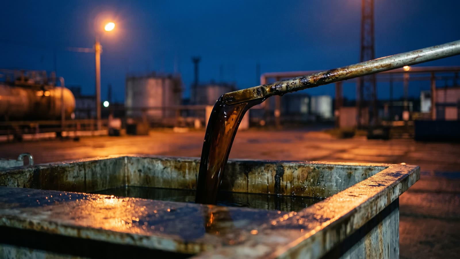 Тёмная вязкая струя стекает с металлического щупа в стальную ёмкость, на блестящей поверхности тёплый свет лампы