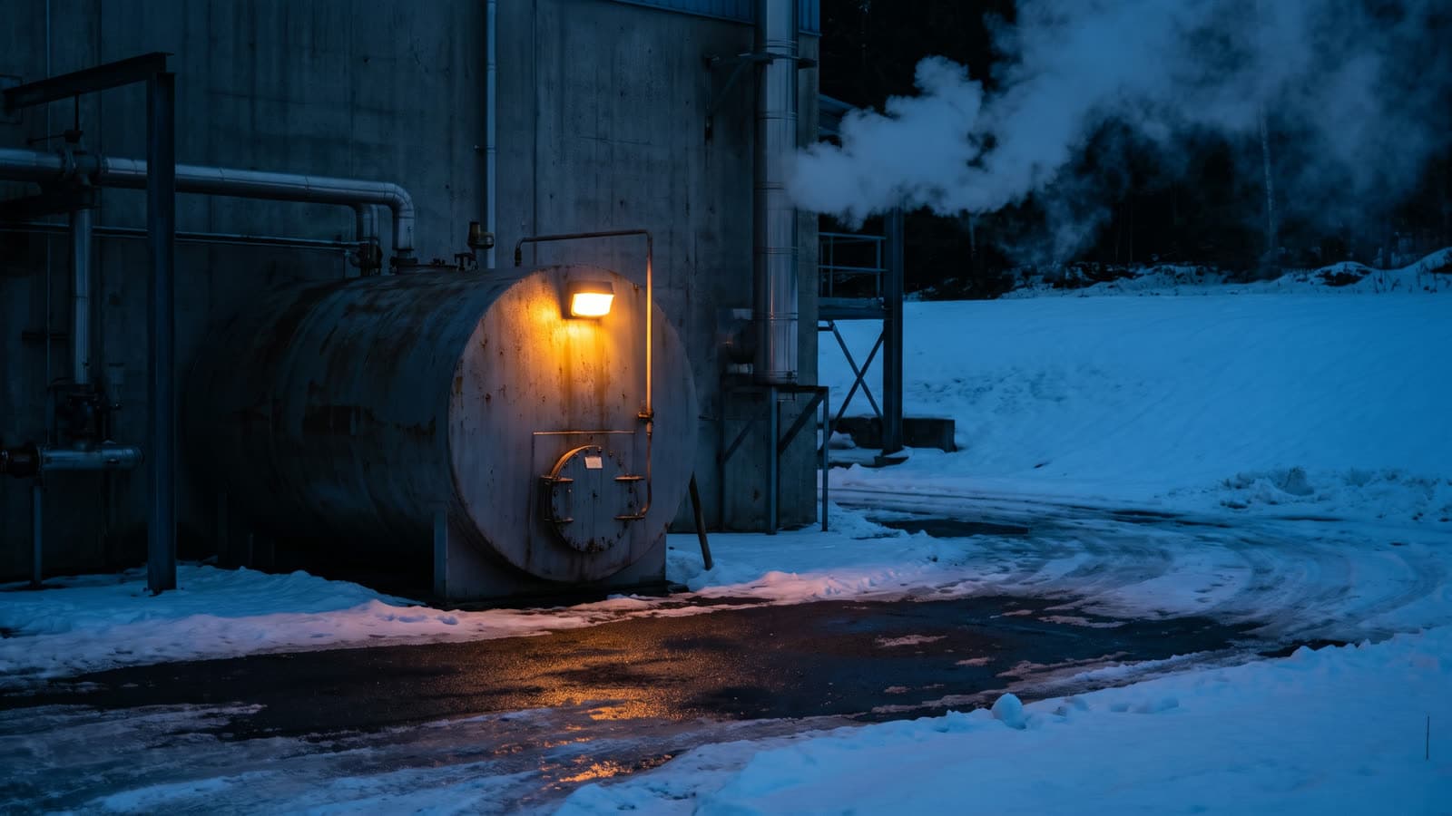 Газовая котельная ночью: у стены стальная ёмкость резервного топлива с тёплой лампой над люком, синий снег и пар из трубы