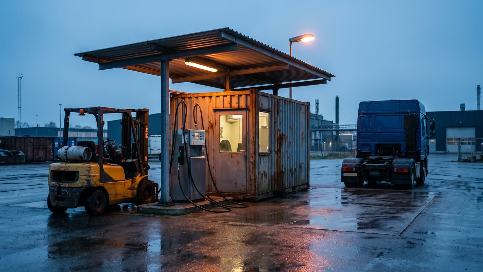 Контейнерная топливная колонка на территории склада ночью, рядом погрузчик и грузовик под тёплым светом навеса, вокруг синие сумерки